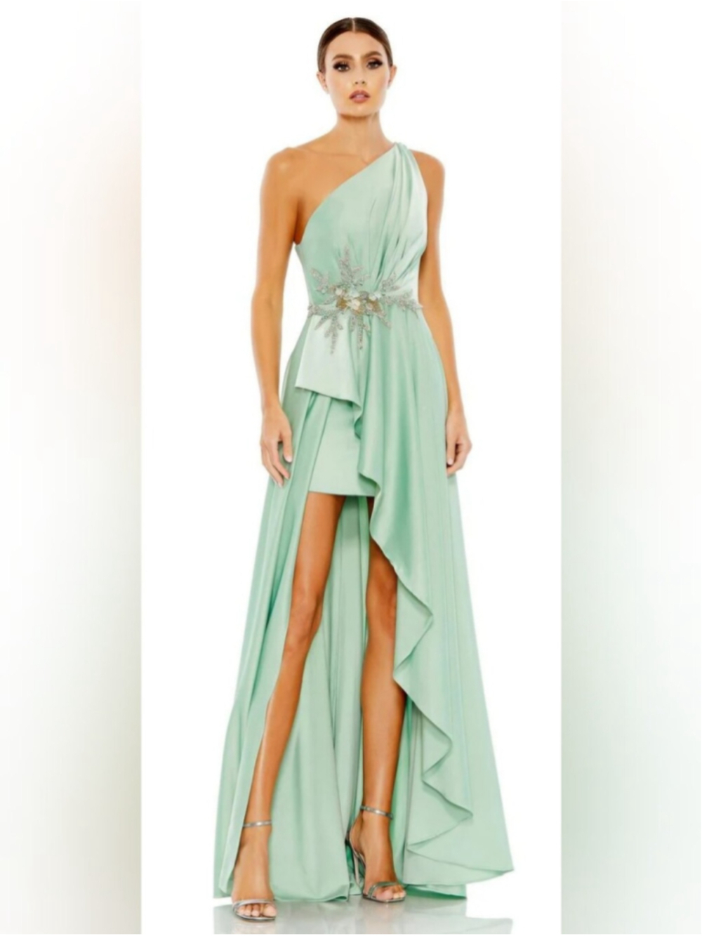 Mac Duggal 11262 One-Shoulder Mint Green Evening Dress Size 16